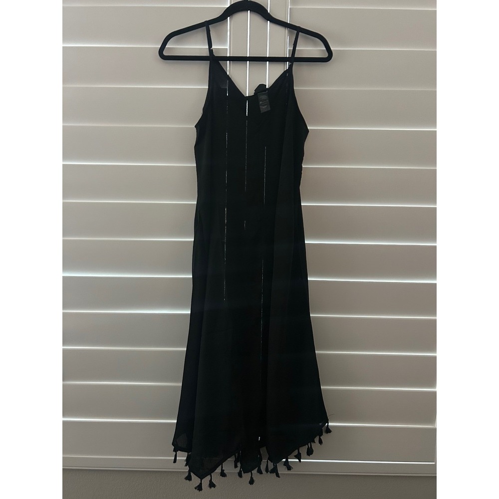 Beach Scene Collection Black Metallic Pinstripe Tassel Cover Up Dress Large NWT